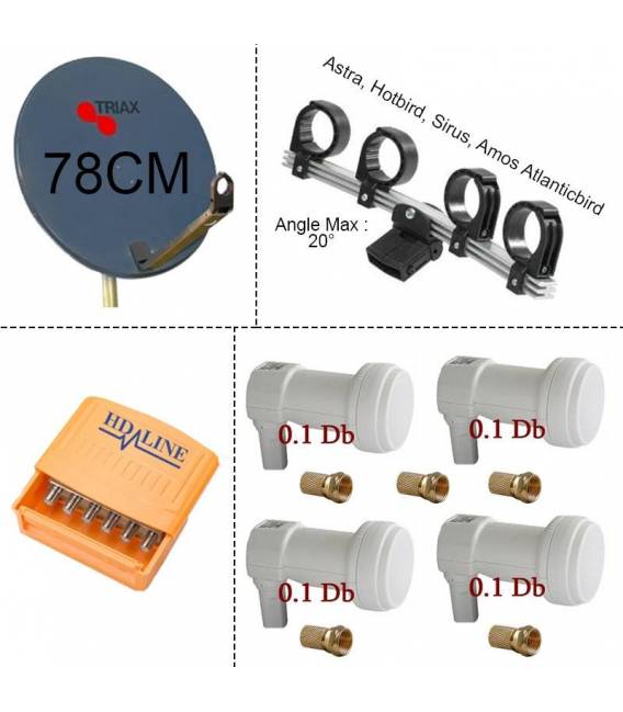 KIT PARABOLE TRIAX 78 +support LNB + 4 LNB + 5/1 DISEQC + 5 F