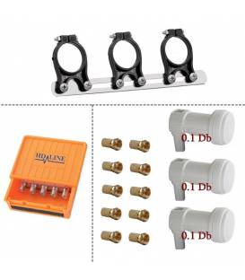 SET 3 Lnb Halterung 3 Lnb Single 0.1dB HD-LINE Diseqc 4/1 10 F-Verbinder gold