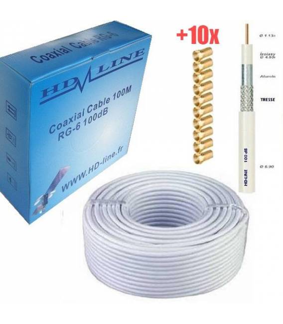 Cable coaxial pro 100 dB mesurant 100m et ses 10 connecteurs gold