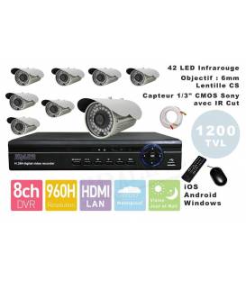 Kit Security Camera DVR 8HQ, 8 Cameras WP-900W, 8x 20m cable BNC white, 1 adaptator 8in1, 1 Power Supply 5A
