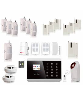 Haus-Alarm GSM APP - Wireless - kompatibel ADSL SIM + 7 PIR- und 7 Tür Sensoren + 2 Rauchdetektors + Sirene