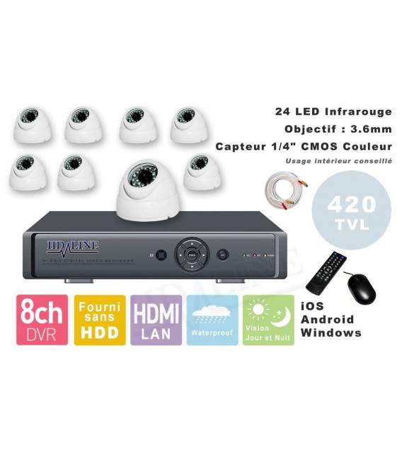 Kit videosurveillance DVR 8 sorties + 8 Cameras domes PL-50B + 8x 20m cable BNC blanc + 1 adaptateur 8en1 + 1 alimentation 5A