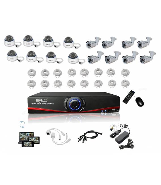 Kit Vidéosurveillance IP NVR 8 dômes IP1200 8 caméras IP1300 16x 20m RJ45 16x adaptateurs RJ45 2 1/8 splitter 2 Alim