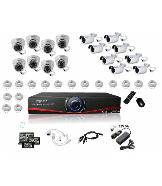 Grand Kit Vidéosurveillance IP 8 dômes IP1150 8 caméras IP1250 16x 20m RJ45 16x adaptateurs RJ45 2 1/8 splitter 2 Alimentation 