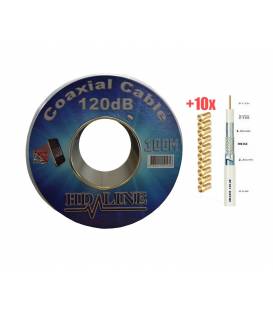 HD-LINE CABLE COAXIAL 100M PRO 120dB + 10 Connecteur F Gold - TNT ANTENNE PARABOLE