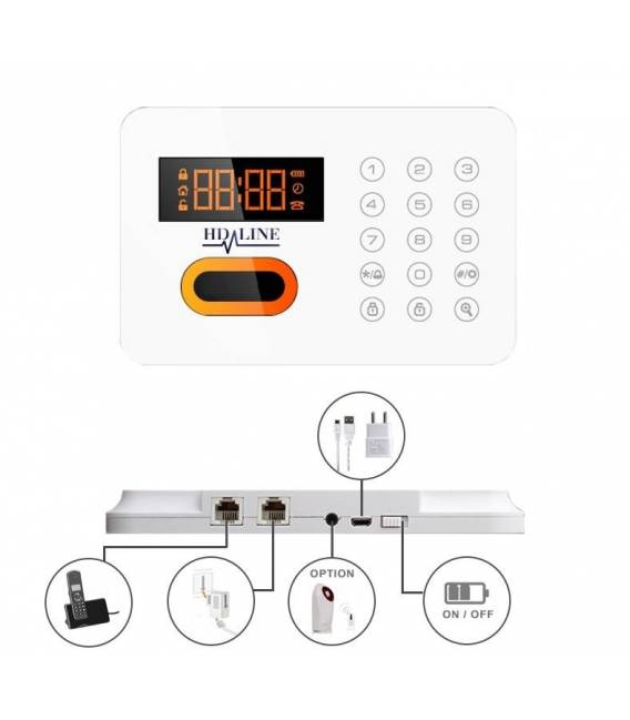 HD-LINE AL-10 Kit alarme sans fil Compatible téléphone fixe FT ADSL + Détecteurs porte / présence avec télécommandes