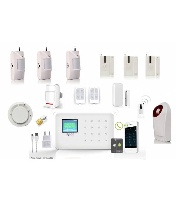 HD-LINE AL-18 Kit alarme sans fil GSM SIM + 3 detecteurs PIR + 3 detecteurs porte + detecteur fumee + sirene