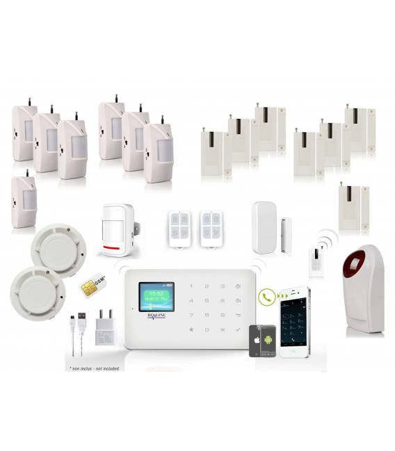 HD-LINE AL-18 Kit alarme sans fil GSM SIM + 7 detecteurs PIR + 7 detecteurs porte + 2 detecteurs fumee + sirene