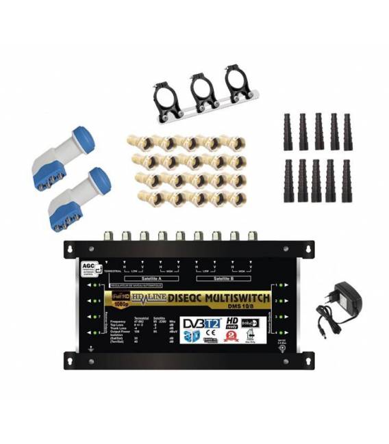 Kit Multiswitch 9/8 + 2 LNB Quattro + Support 3 LNB + 20 Connecteurs F + 10 manchons