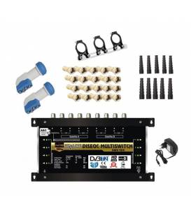 Kit Multiswitch 9/8 + 2 LNB Quattro + Support 3 LNB + 20 Connecteurs F + 10 manchons