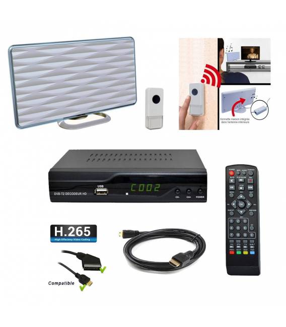 Kit TNT HD - Décodeur terrestre TNT DVB-T2 H.265 - USB / HDMI / Péritel + Mini antenne HDTV HD-935T (fonction sonnette)