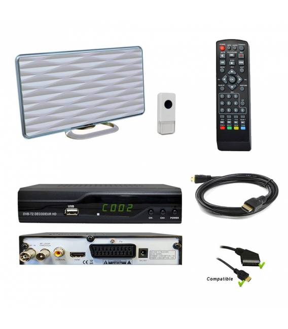 Kit TNT HD - Décodeur terrestre TNT DVB-T2 H.265 - USB / HDMI / Péritel + Mini antenne HDTV HD-935T (fonction sonnette)