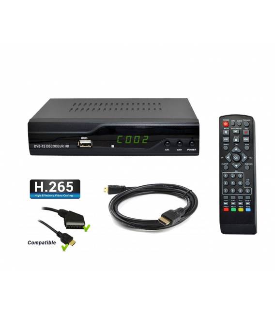 Kit TNT HD - Décodeur terrestre TNT DVB-T2 H.265 - USB / HDMI / Péritel + Mini antenne HDTV HD-935T (fonction sonnette)