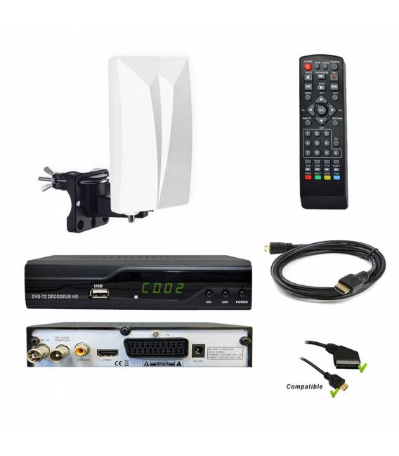 Kit TNT HD - Décodeur terrestre TNT DVB-T2 H.265 - USB / HDMI / Péritel + Antenne intérieure extérieure HDTV HD-940T