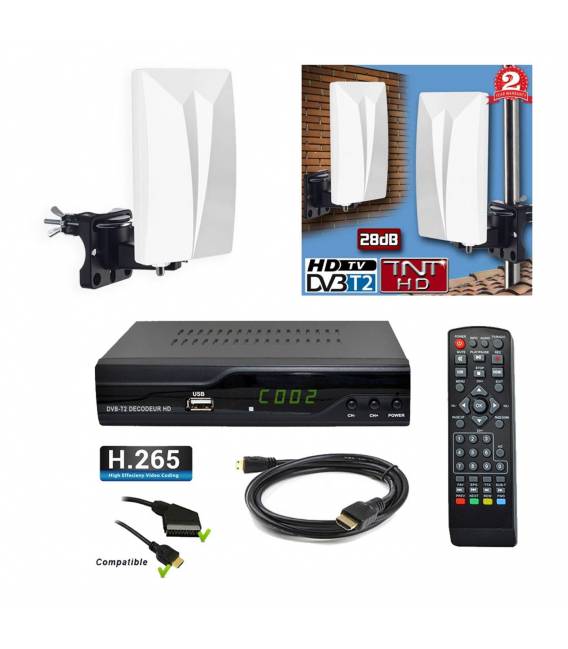 Kit TNT HD - Décodeur terrestre TNT DVB-T2 H.265 - USB / HDMI / Péritel + Antenne intérieure extérieure HDTV HD-940T