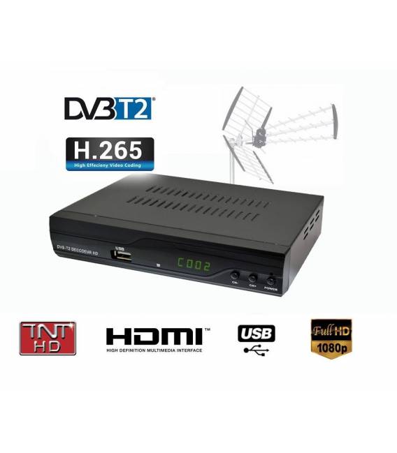 Kit TNT HD - Décodeur terrestre TNT DVB-T2 H.265 - USB / HDMI / Péritel + Antenne intérieure extérieure HDTV HD-940T