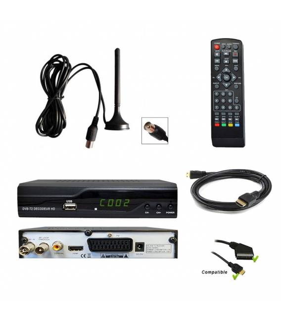 Kit TNT HD - Décodeur terrestre TNT DVB-T2 H.265 - USB / HDMI / Péritel + Mini antenne HDTV HD-975T