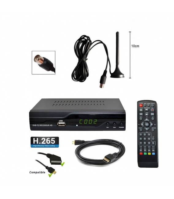Kit TNT HD - Décodeur terrestre TNT DVB-T2 H.265 - USB / HDMI / Péritel + Mini antenne HDTV HD-975T