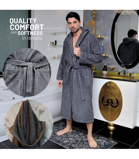Leyf peignoir de bain homme et garçons taille L 100% coton certifié OEKO-TEX® - peignoir moelleux peignoir en microfibre, capuch