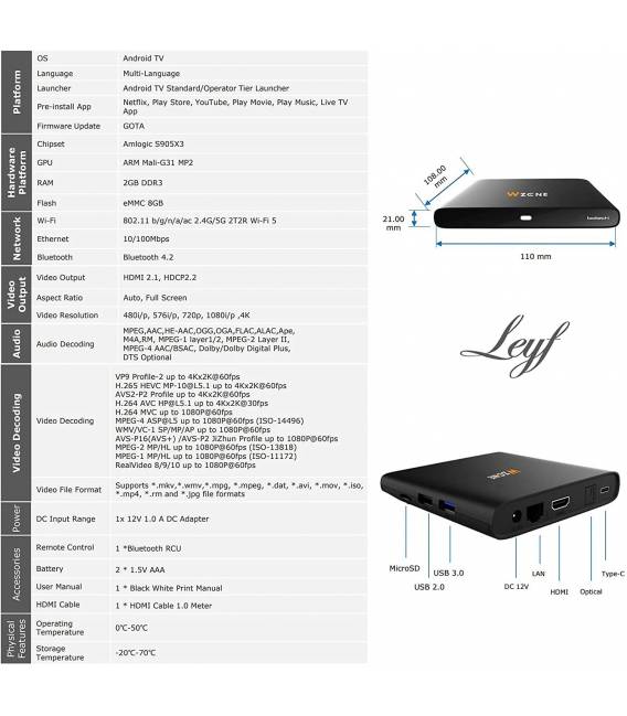 Leyf 4K TV BOX Android 10 11 12 13 Free Upgrade - ARM Cortex-A55 CPU / ARM Mali-G31 GPU / 2 GB Ram / 8 GB Memory /WİFİ(