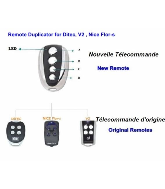 3XDitec, V2 , Nice Flor-s telecommande universelle 433 MHZ Porte de Garage / Portail Alarme 4 boutons