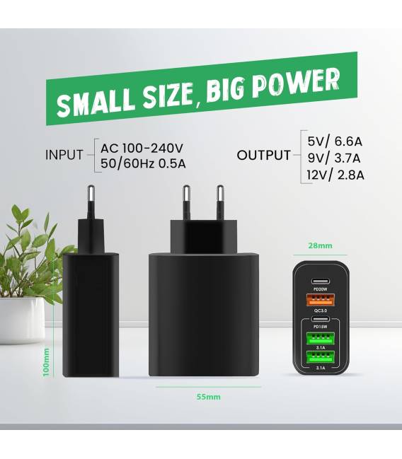 CHARGEUR NOIR 65W USB A 3 TYP-C 2