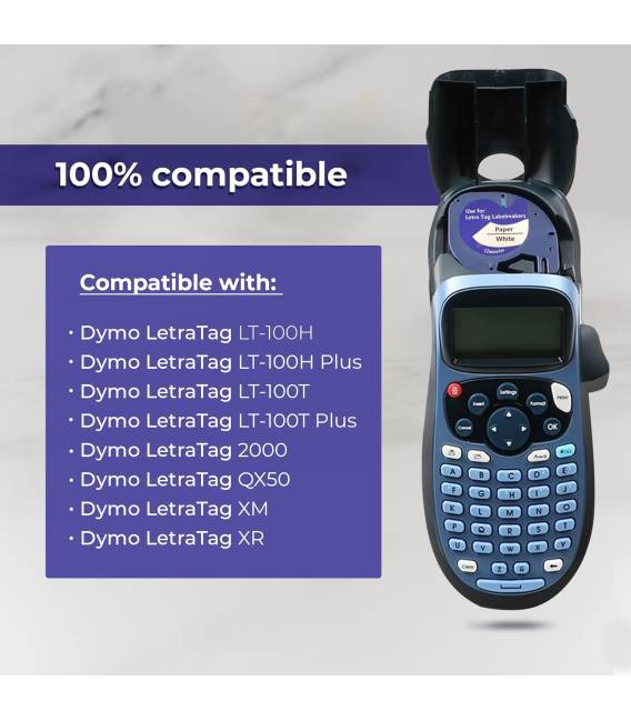 91200 Ruban 1X compatible pour Dymo LetraTag Ruban Plastique 12mm x 4m, Recharge