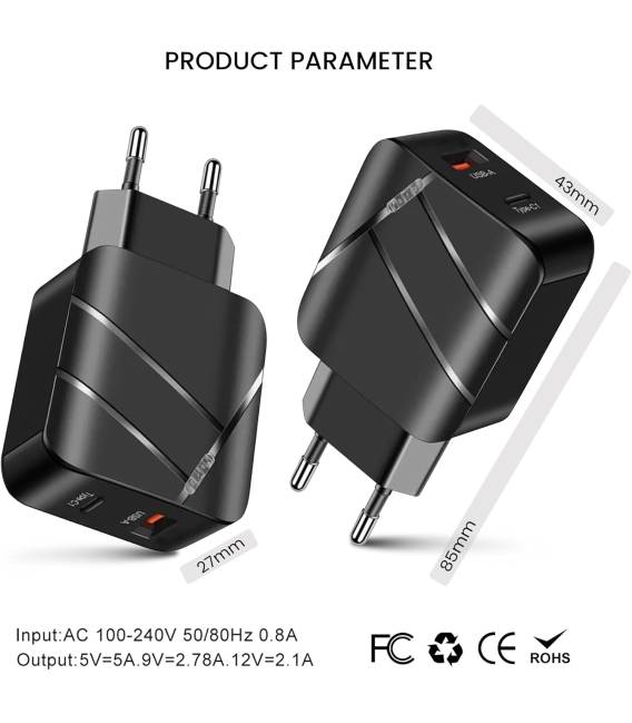 40W NOIR chargeur 1 USB. 1 TYPE C