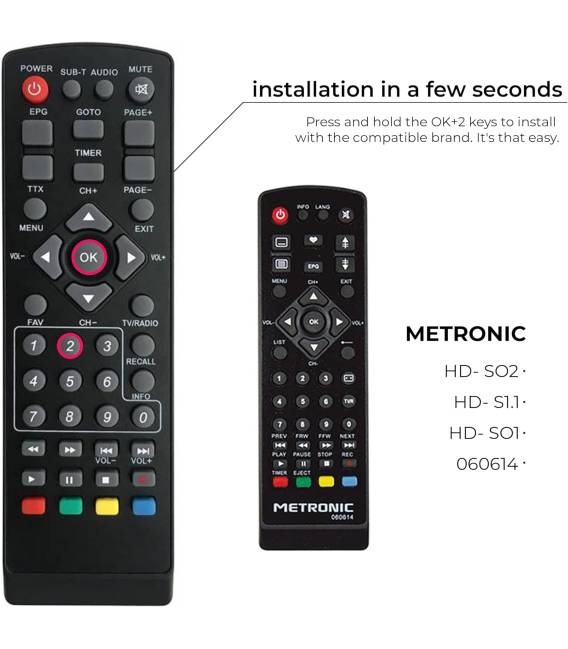 Télécommande universelle 5en1 compatible pour décodeurs TNT Strong Engel Metronic Strom LiveTNT Xoro