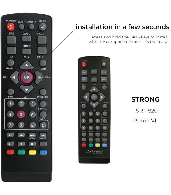 Télécommande universelle 5en1 compatible pour décodeurs TNT Strong Engel Metronic Strom LiveTNT Xoro