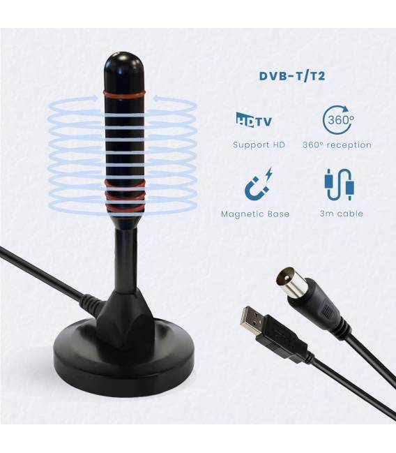 HD-LINE HD-980T Antenne terrestre TNT HD DVB-T / DVB-T2 intérieure - Gain 30dB - Portable