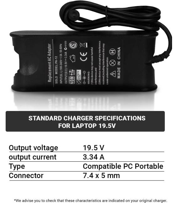 Chargeur de batterie ordinateur portable 19.5V 3.34A - Fiche 7.4 x 5 mm