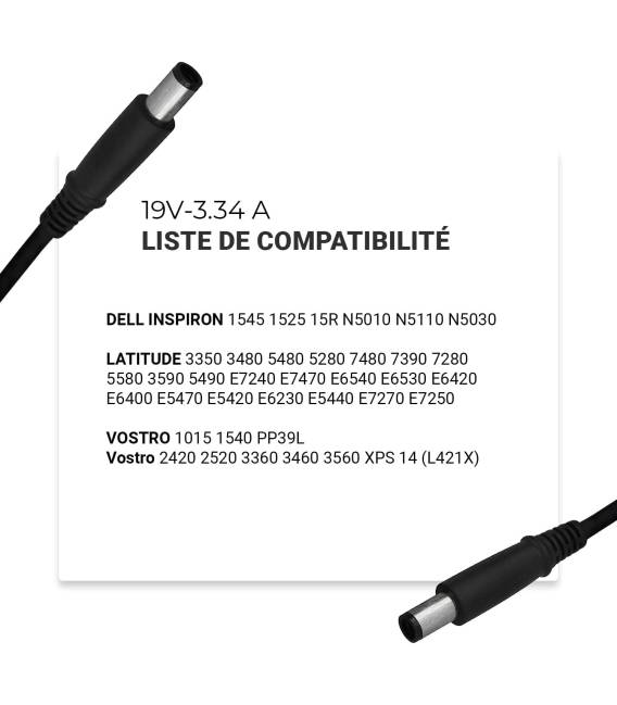 Chargeur de batterie ordinateur portable 19.5V 3.34A - Fiche 7.4 x 5 mm